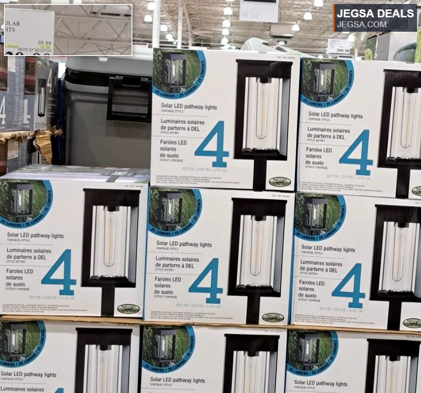 Naturally Solar vintage style black LED pathway lights, pack of 4, from Costco for $29.99, perfect for outdoor illumination.