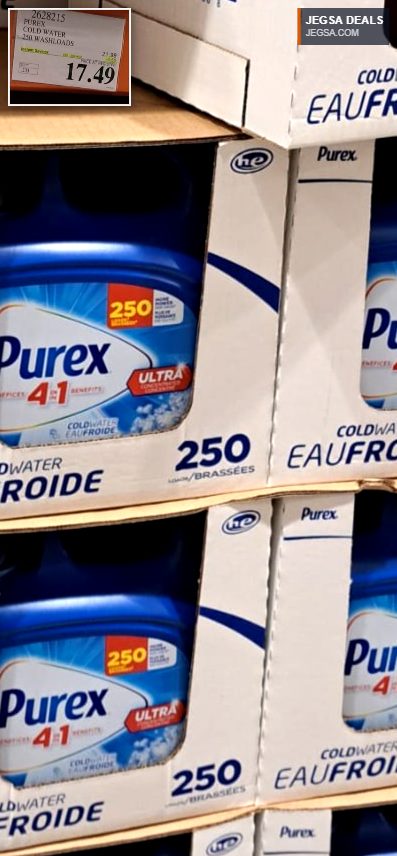 Large blue bottle of Purex Cold Water 4-in-1 laundry detergent for 250 washloads from Costco, priced at $17.49.