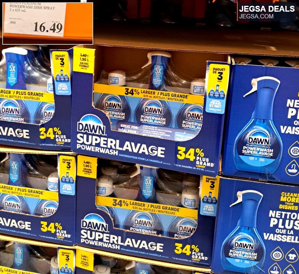 Large 3-pack of blue Dawn Platinum Powerwash Dish Spray, 635ml bottles, for effective dish cleaning from Costco for $16.49.