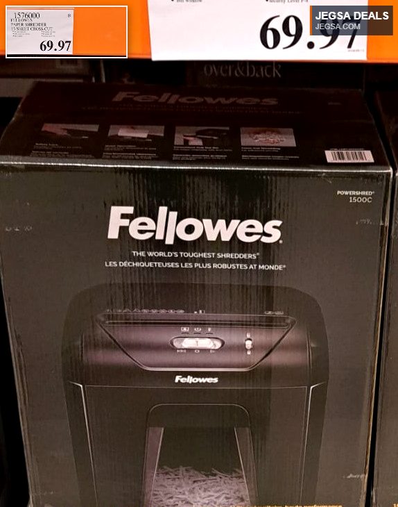 Fellowes 15 sheet cross-cut paper shredder for secure document disposal from Costco, $69.97.
