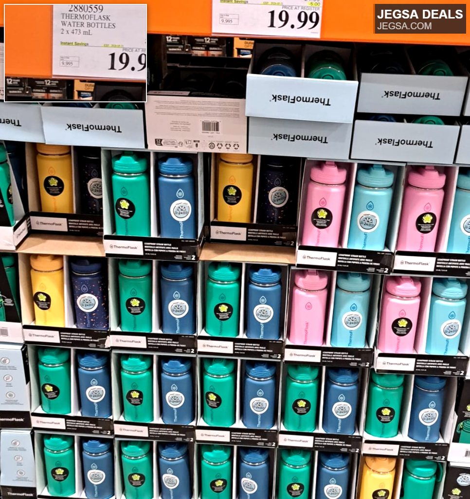 Assorted color ThermoFlask insulated water bottle 2-pack from Costco. Keeps drinks cold. Ideal for daily hydration at $19.99.