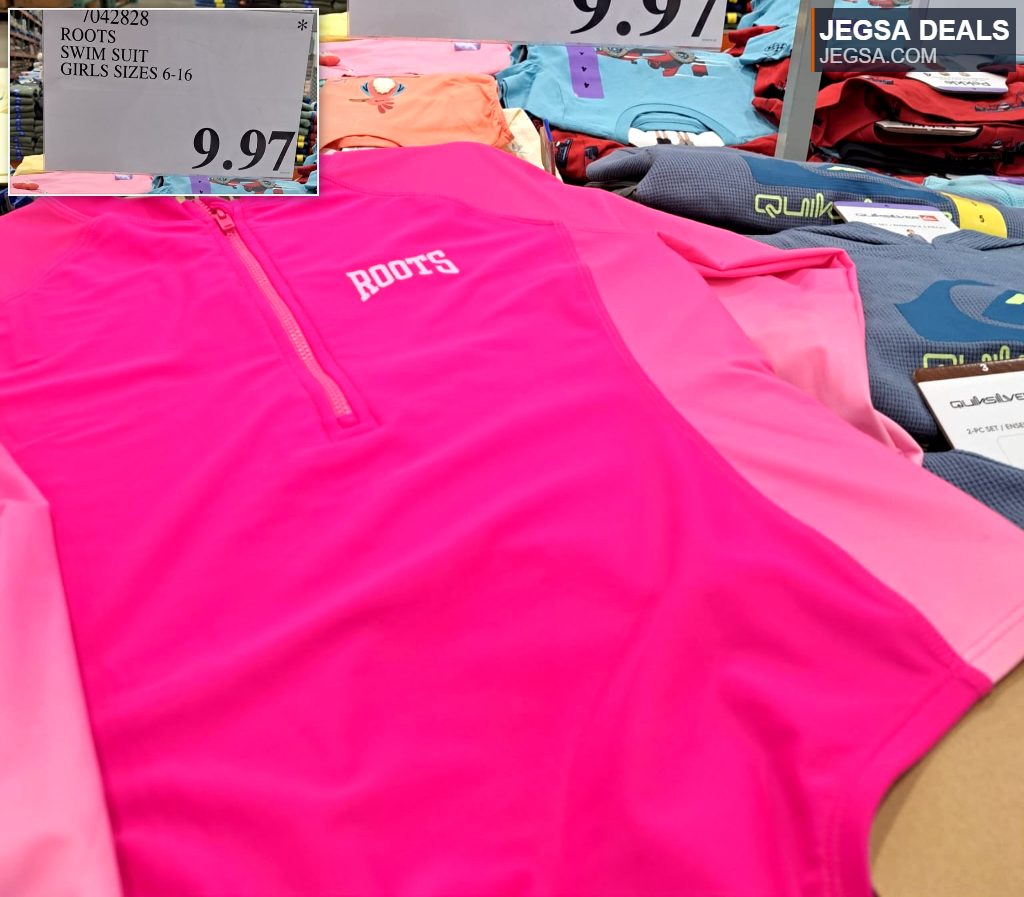 Pink Roots girls' long-sleeve swim suit with a half-zip from Costco, priced at $9.97.