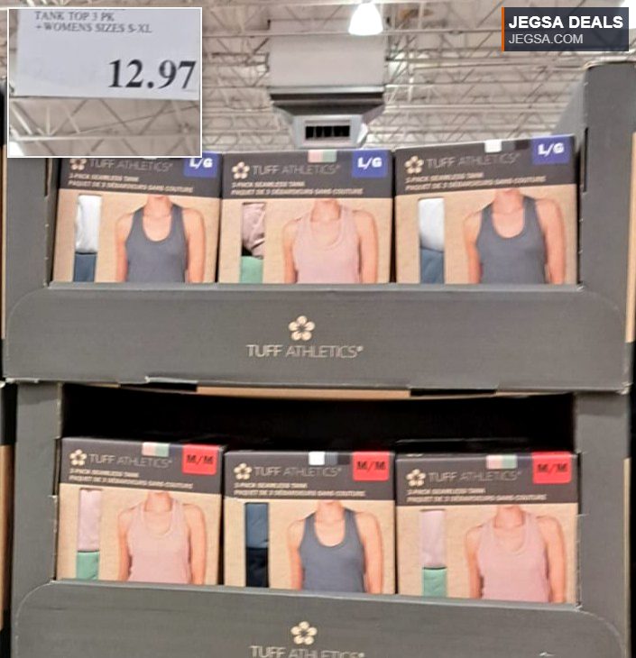 Tuff Athletics 3-pack seamless tank tops in various colors (grey, pink) from Costco, priced at $12.97.