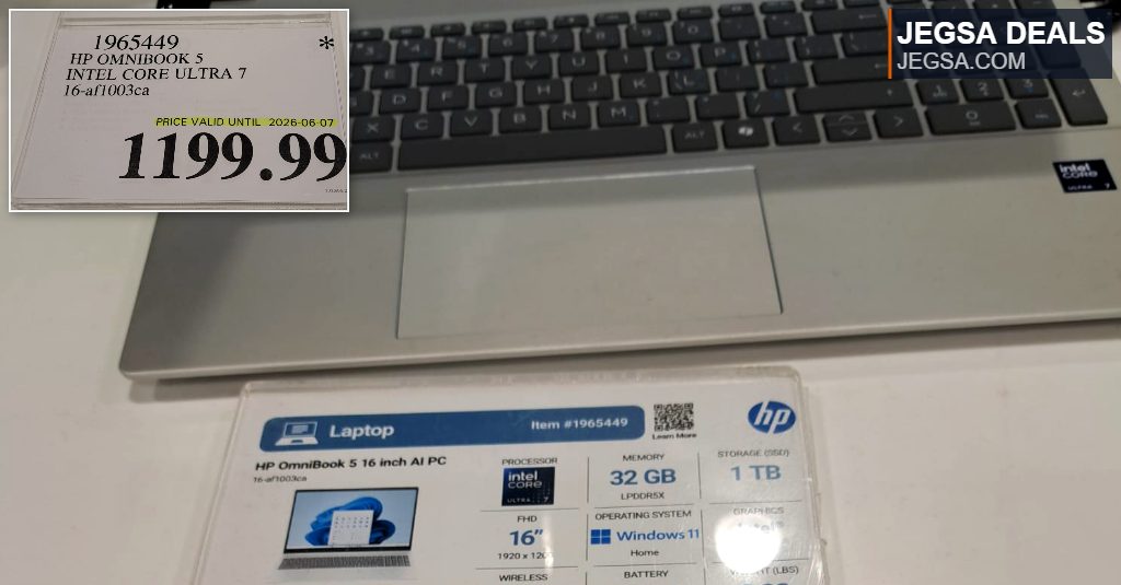 HP OmniBook 5 16-inch AI PC with Intel Core Ultra 7, 32GB RAM, 1TB SSD from Costco for $1199.99.
