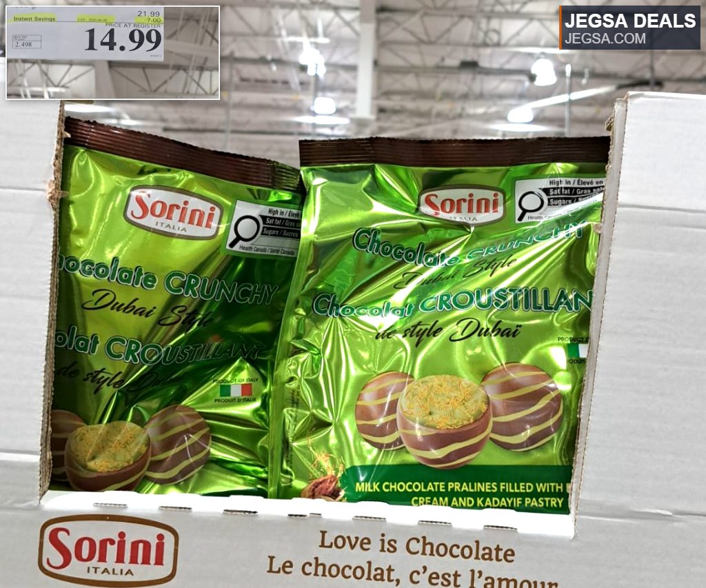 Sorini Crunchy Dubai Style 600g milk chocolate pralines with cream and kadayif pastry from Costco, priced at $14.99.