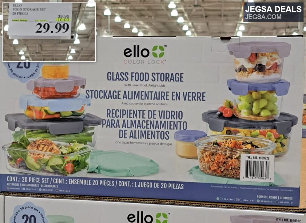 Ello Color Lock 20-piece glass food storage set with leak-proof airtight lids from Costco, $29.99.