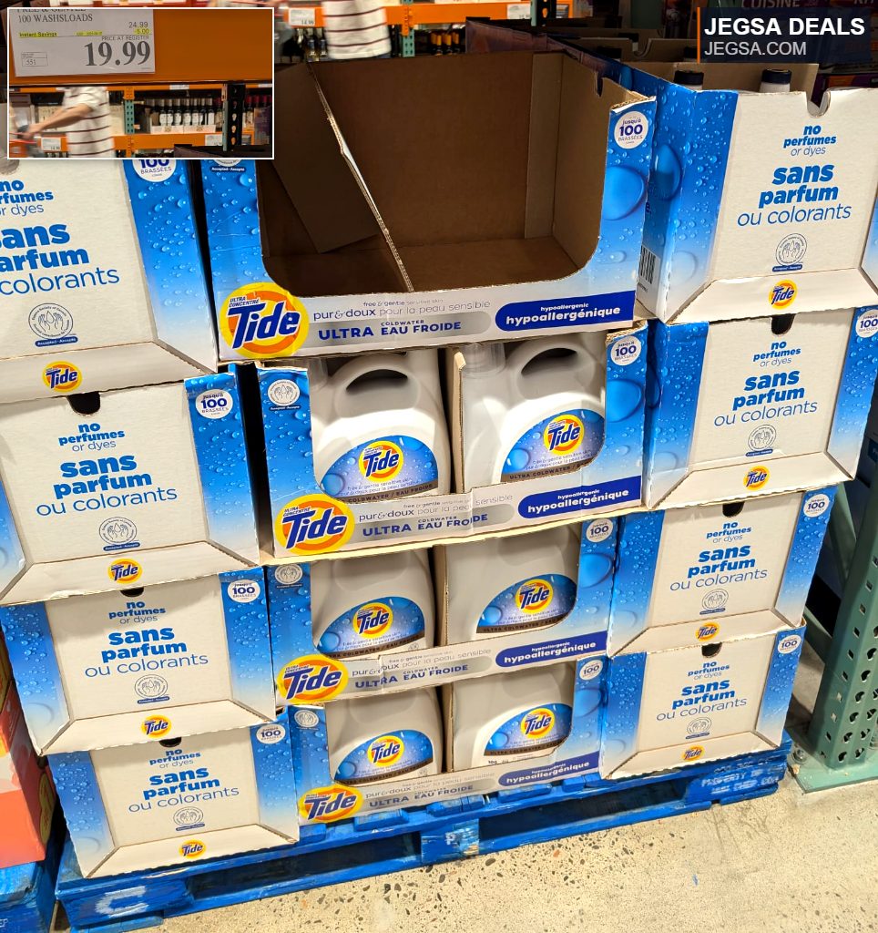 Tide Free & Gentle hypoallergenic laundry detergent for 100 washloads, 19.99 from Costco.