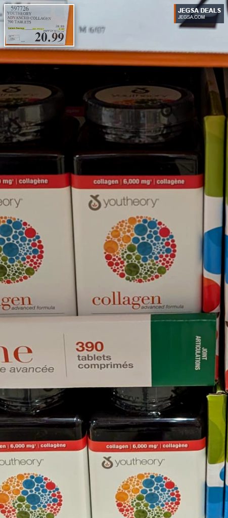 Youtheory Advanced Collagen 390 tablets for skin, hair, and nail health, available at Costco for $20.99 with instant savings.