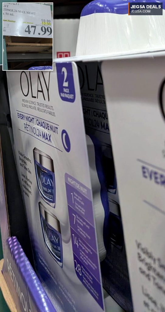 Olay Retinol24 Max Night 2 x 50 mL moisturizer 2-pack from Costco, promoting visibly smoother skin.