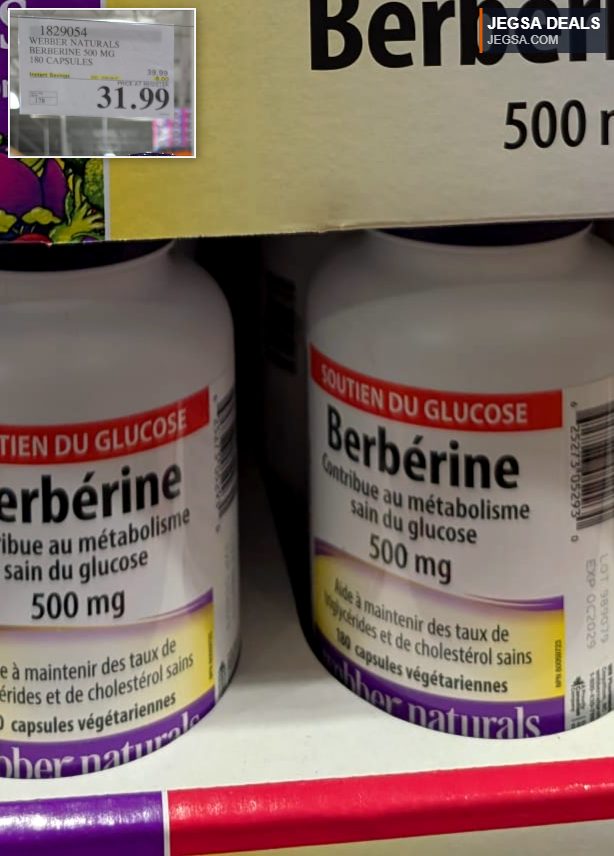 Webber Naturals Berberine 500mg, 180 capsules from Costco for glucose and healthy metabolism support.