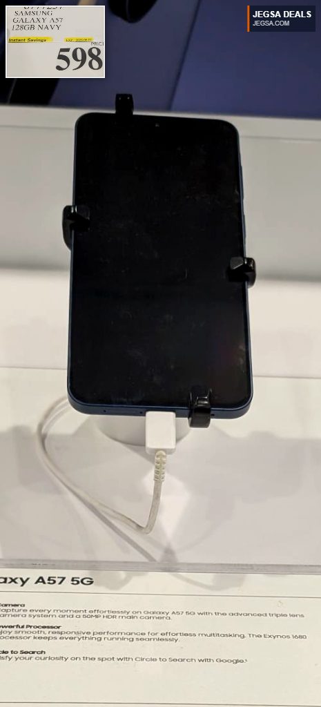 Samsung Galaxy A57 5G 128GB Navy smartphone on display at Costco for $598.99.