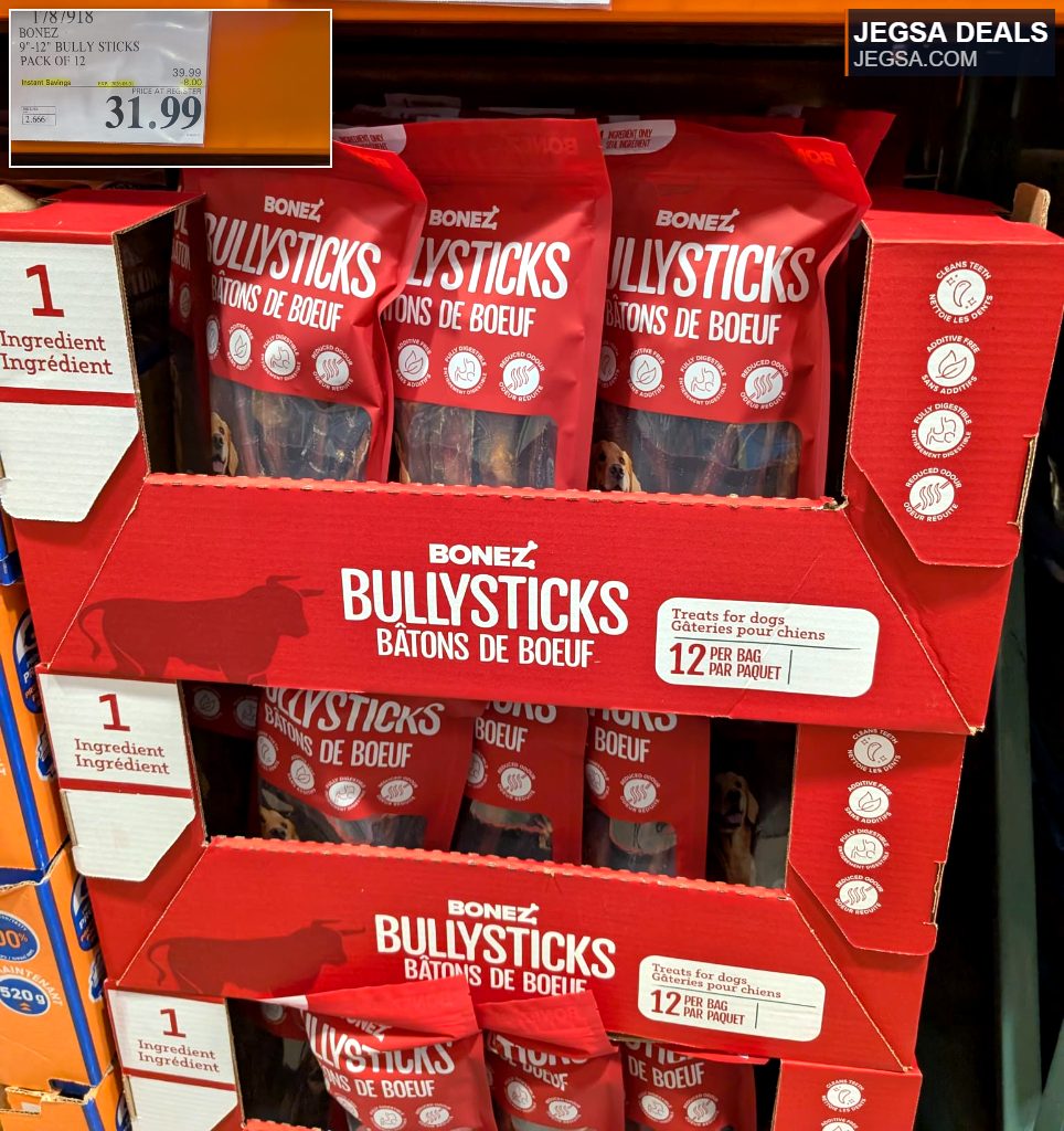 Bonez 9"-12" Bully Sticks, a 12-pack of natural beef dog treats from Costco priced at $31.99, aids dental health.
