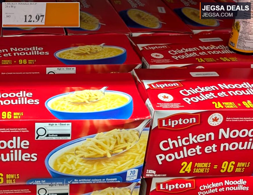 Lipton Chicken Noodle Soup 24-pack from Costco for $12.97, ideal for quick meals.