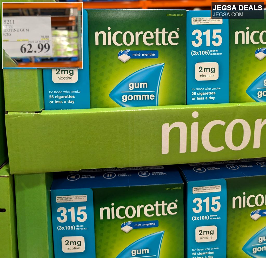 Nicorette 2mg nicotine gum (315 pieces) in mint flavor from Costco. Green packaging, helps quit smoking, priced at $62.99.
