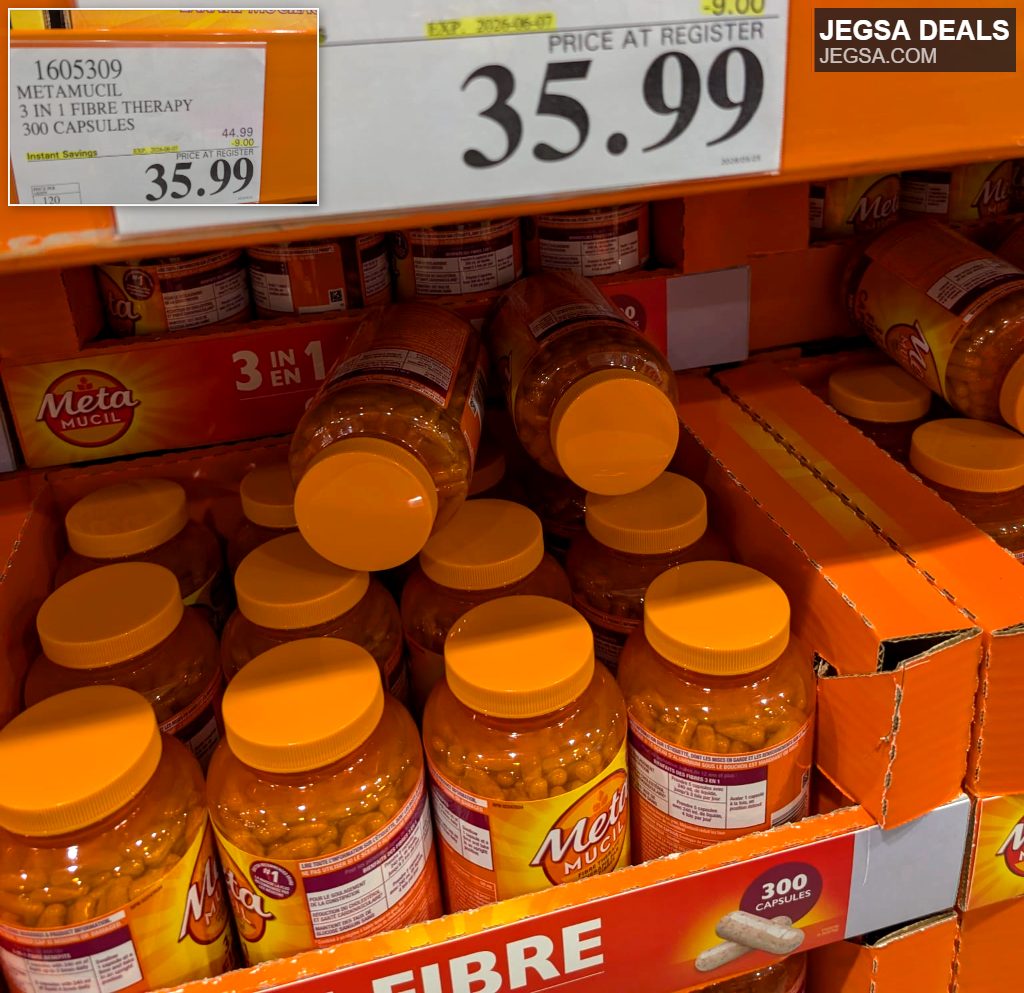 Metamucil 3-in-1 Fibre Therapy capsules (300 count) from Costco, providing digestive health support.