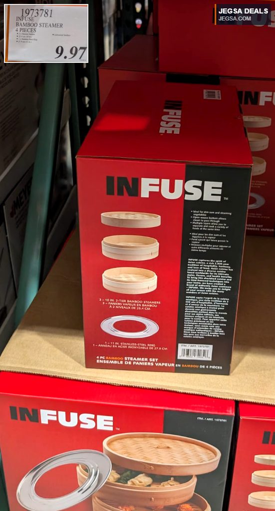 4-piece INFUSE bamboo steamer set with carbonized bamboo and stainless steel ring, ideal for cooking from Costco for $9.97.