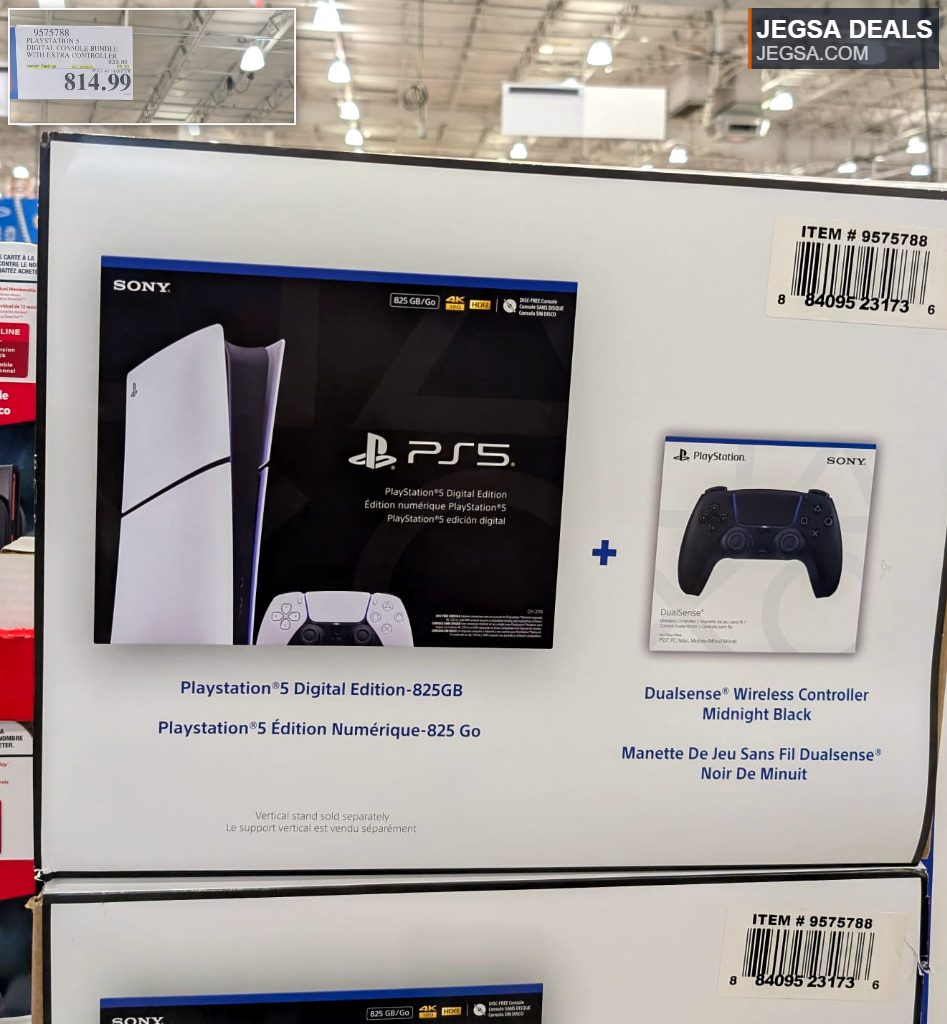 PlayStation 5 Digital Edition console with 825GB and an extra Midnight Black DualSense controller from Costco, priced at $814.99.
