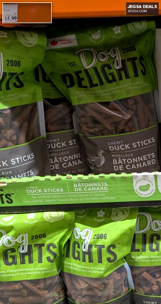 Green and black bag of Dog Delights Chewy Duck Sticks, 1.25 kg, a natural dog treat available at Costco for $15.99.