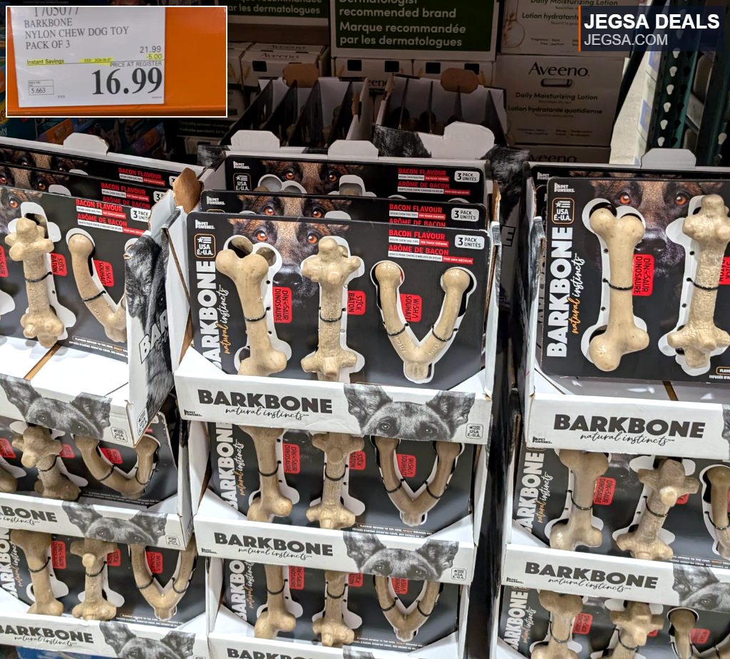Pack of 3 Barkbone bacon-flavored nylon chew dog toys for tough chewers from Costco, priced at $16.99.