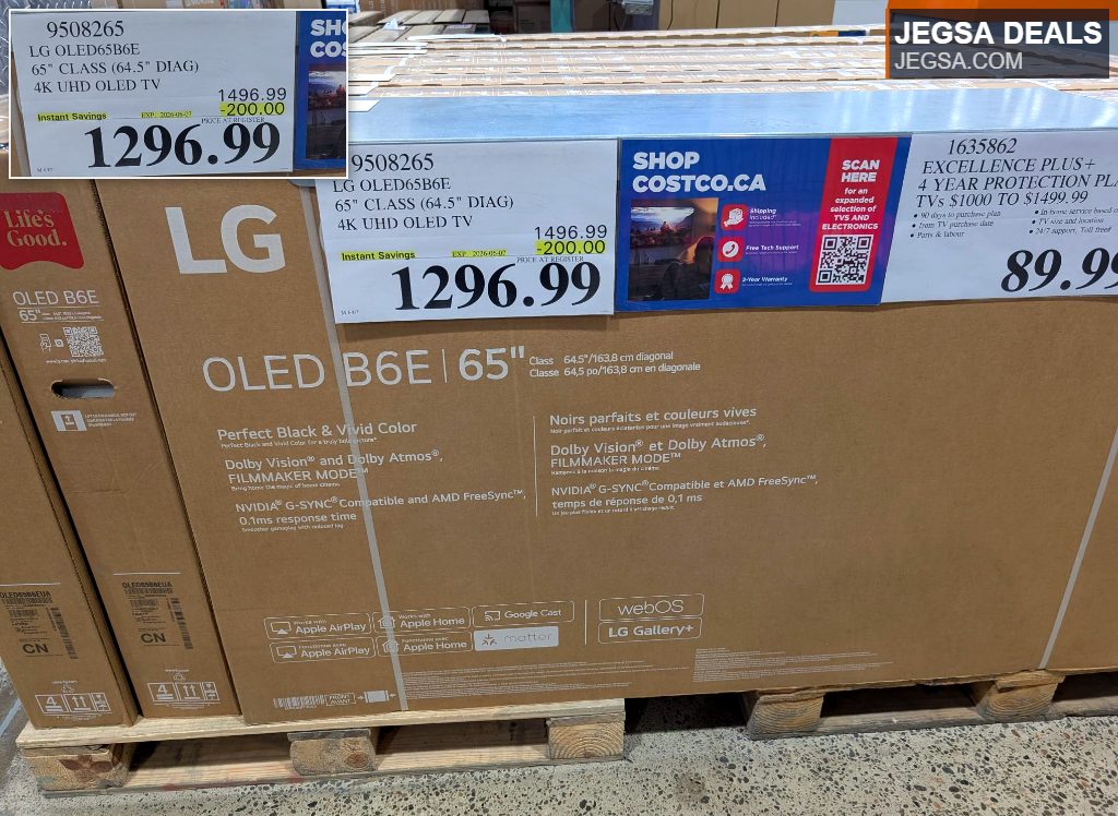 LG OLED65B6E 65-inch 4K UHD OLED TV from Costco, priced at $1296.99, offering perfect black and vivid colors.