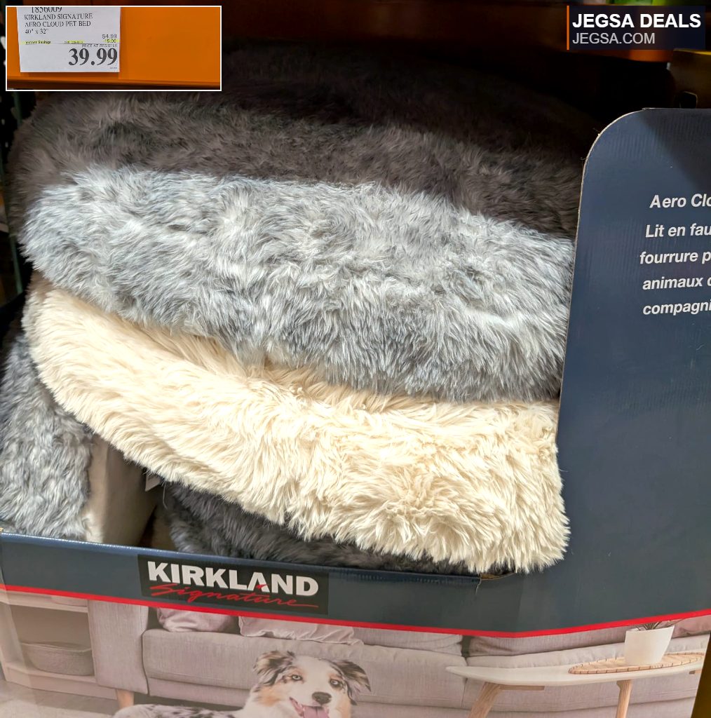 Kirkland Signature Aero Cloud Pet Bed, 40" x 32", in a soft grey and cream faux fur, available at Costco for $39.99.