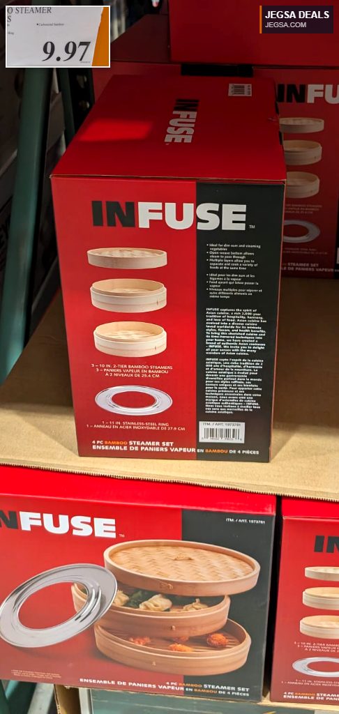 INFUSE 4-piece bamboo steamer set, natural wood, with stainless steel ring, ideal for healthy cooking from Costco, $9.97.