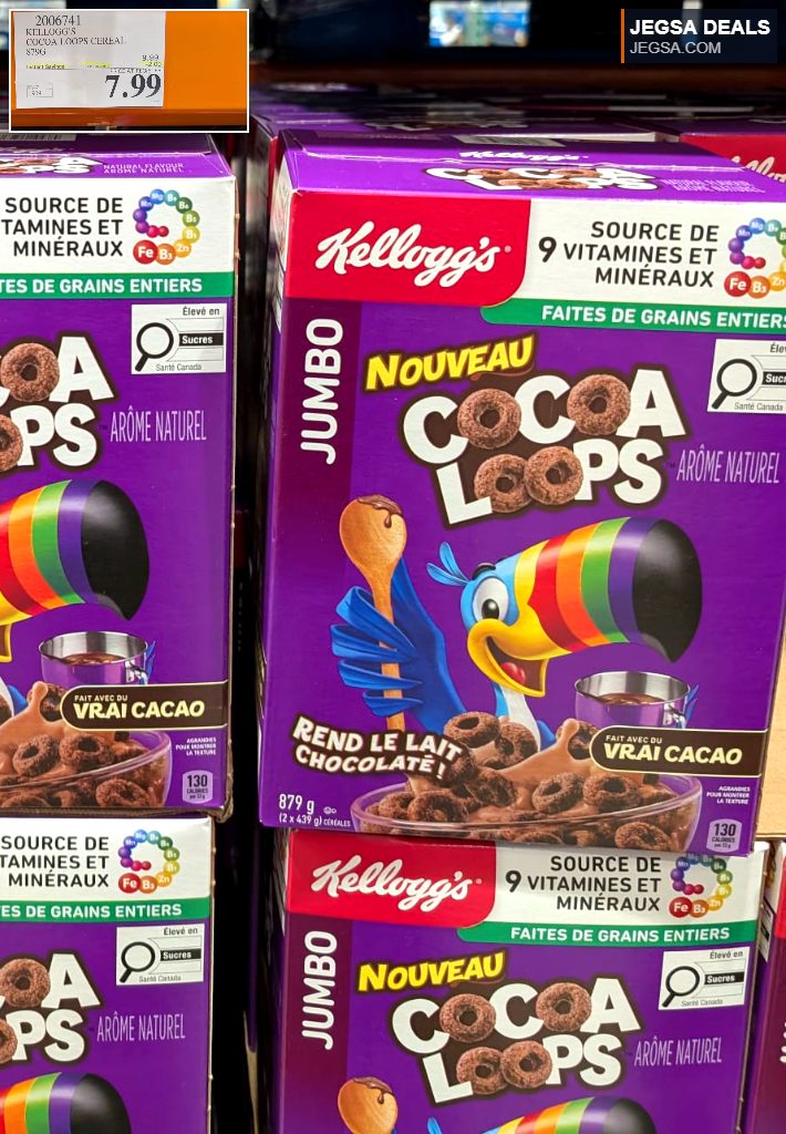Kellogg's Jumbo Cocoa Loops Cereal (879g) from Costco, featuring Toucan Sam. Original price $9.99, sale $7.99.