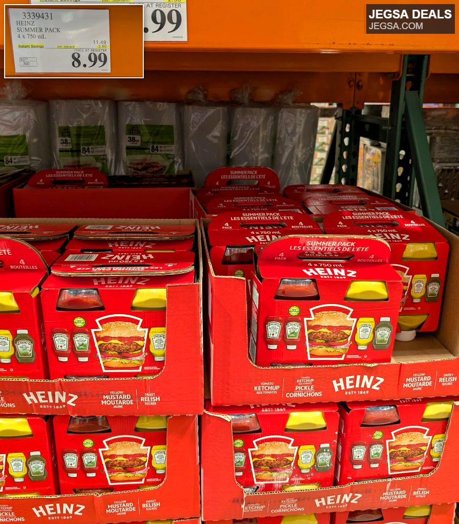 Red Heinz Summer Pack with 4 x 750 mL bottles of ketchup, mustard, and relish, available at Costco for $8.99.