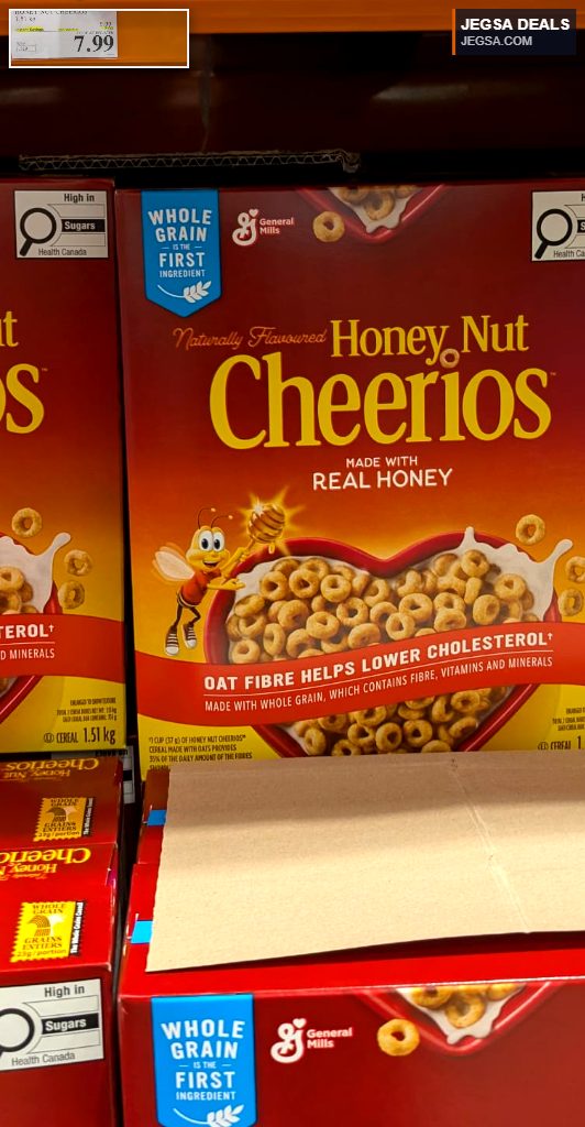 Large 1.51 kg box of General Mills Honey Nut Cheerios cereal with real honey and whole grain, priced at $7.99 from Costco.