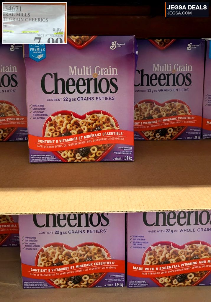 Large box of General Mills Multi Grain Cheerios cereal, 1.24kg, featuring a heart-shaped bowl, from Costco at $7.99.