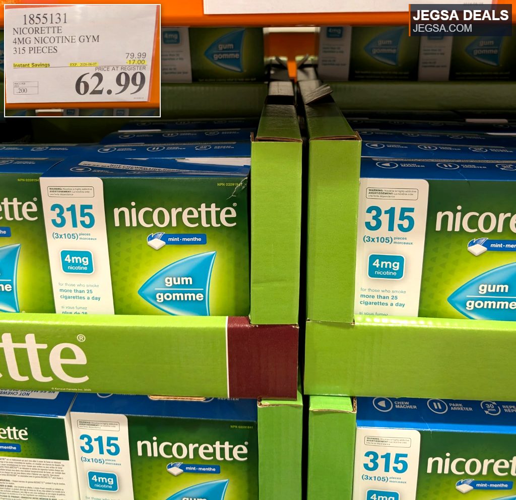 Nicorette 4mg mint nicotine gum (315 pieces) from Costco, ideal for smoking cessation at $62.99.