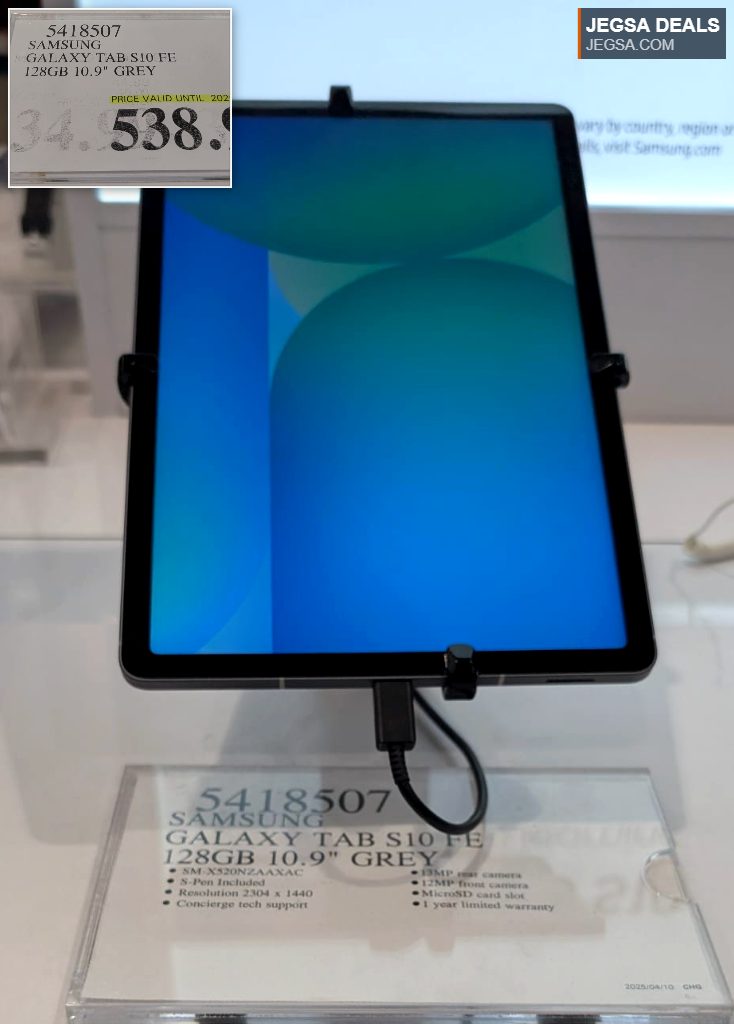 Grey Samsung Galaxy Tab S10 FE 10.9-inch 128GB tablet display from Costco, 538.99.