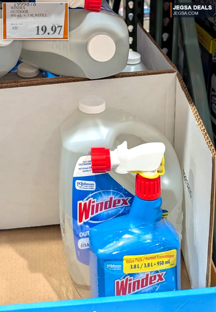 Windex Outdoor cleaner value pack with 950ml spray bottle and 3.8L refill from Costco for sparkling clean outdoor surfaces.