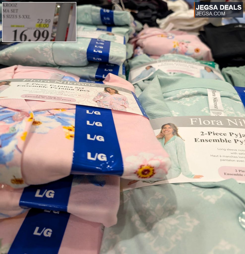 Flora Nikrooz 2-piece pyjama sets in various colors from Costco, featuring long-sleeve tops and pants for comfortable sleep, priced at $16.99.