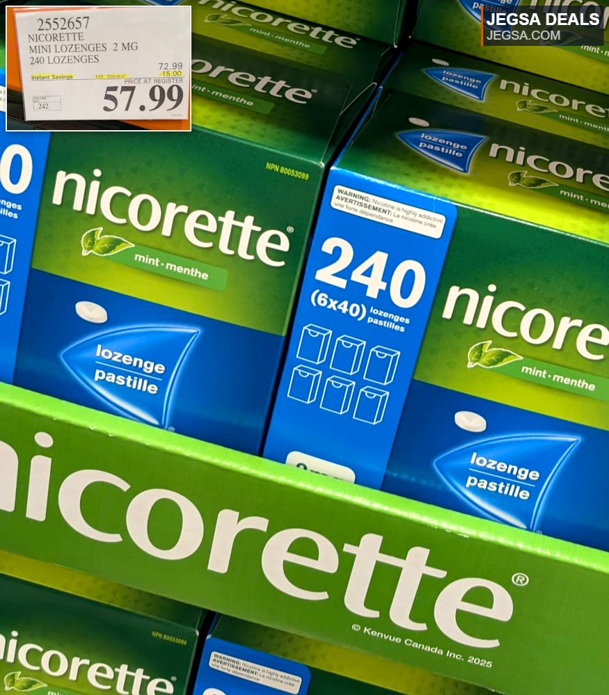 Nicorette Mini Lozenges mint-menthe 2mg, 240 lozenges for quitting smoking from Costco, priced at $57.99.