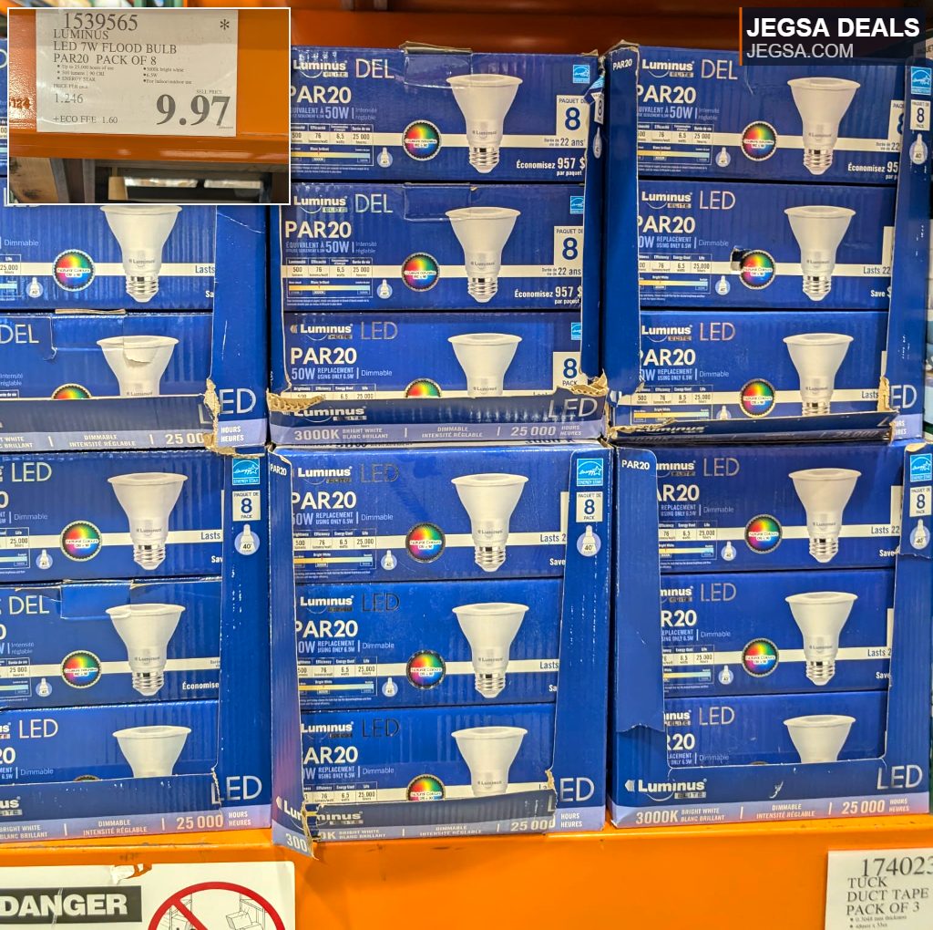 Luminus LED 7W PAR20 flood light bulbs, 8-pack, dimmable, bright white, from Costco for $9.97, ideal for indoor/outdoor use.