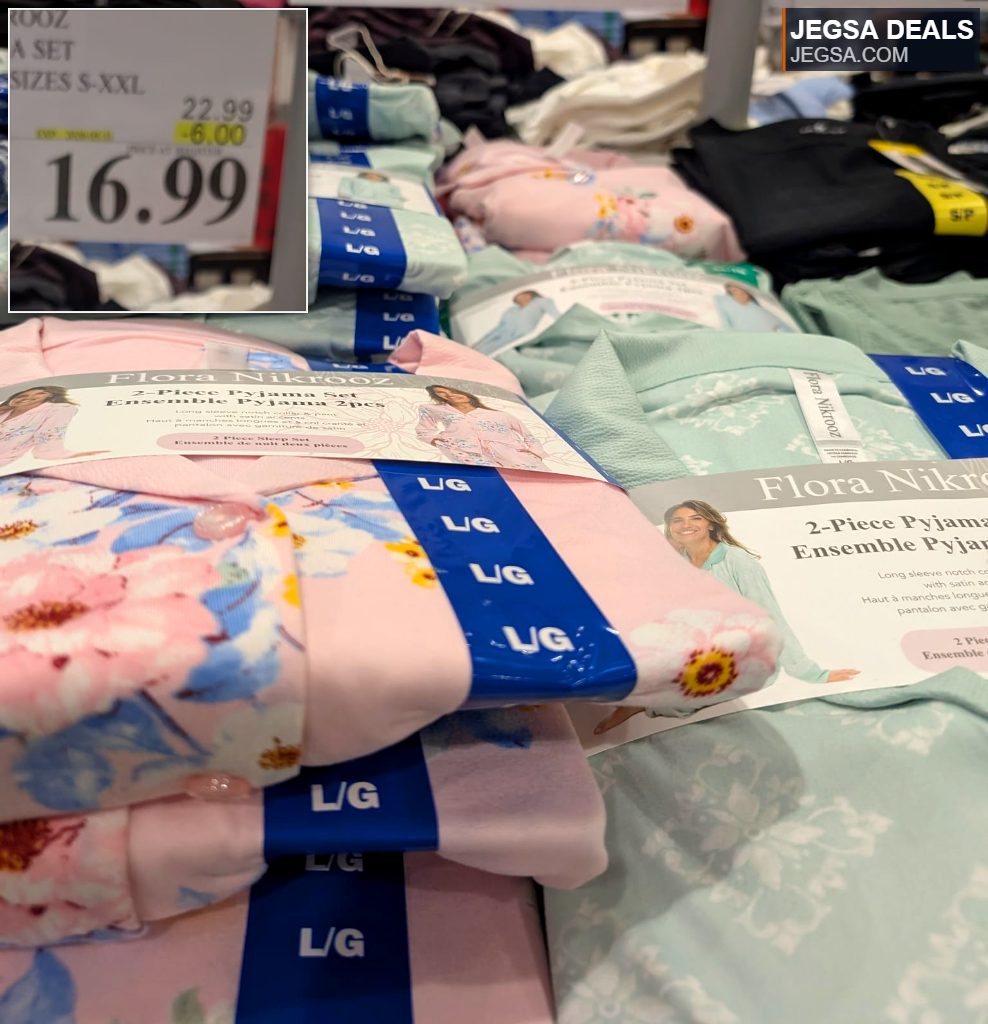 Flora Nikrooz 2-piece long sleeve notch collar and pant pajama set in various floral prints, available at Costco for $16.99.