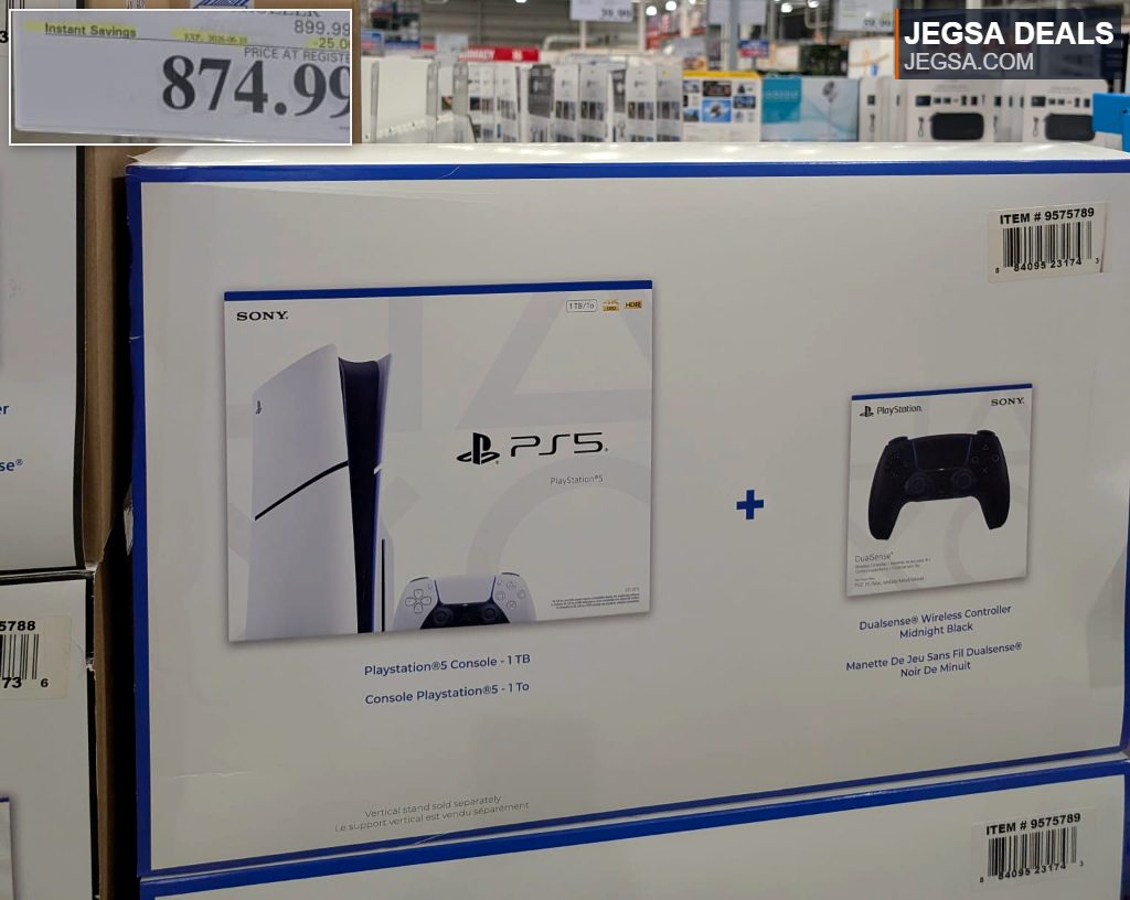 PlayStation 5 Standard Disc Console with extra Midnight Black DualSense controller from Costco, priced at $874.99.