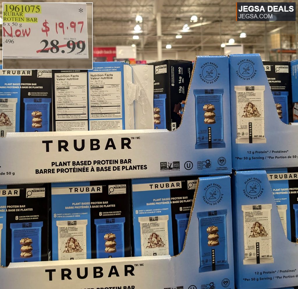 TRUBAR Plant Based Protein Bar in Cocoa for Coconuts and Sweet & Creamy Cookies & Cream flavors from Costco.