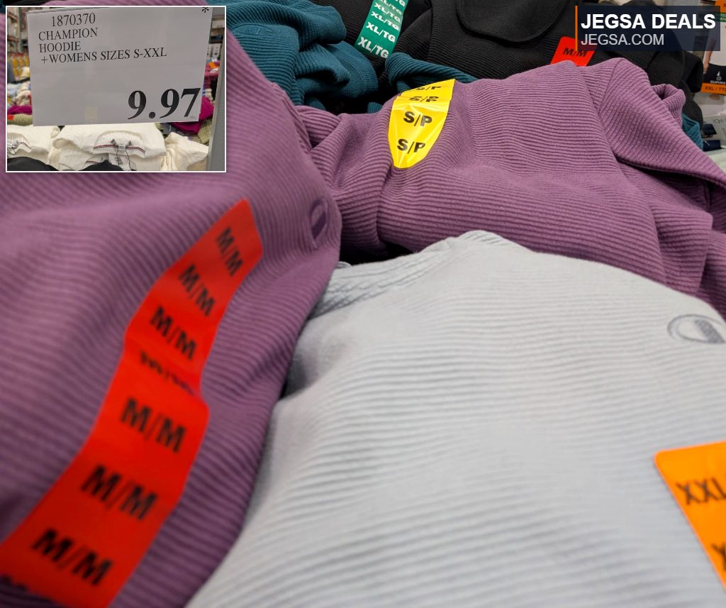 Ribbed Champion hoodie for women in purple, black, white, and teal, available at Costco for $9.97.