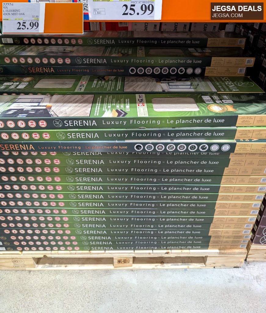 Serenia London Mist Oak vinyl flooring planks from Costco, offering durable and stylish home decor at $25.99.