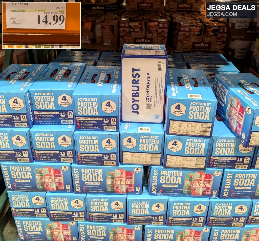 JOYBURST Protein Soda 15 x 355 mL variety pack from Costco, currently on sale for $14.99.