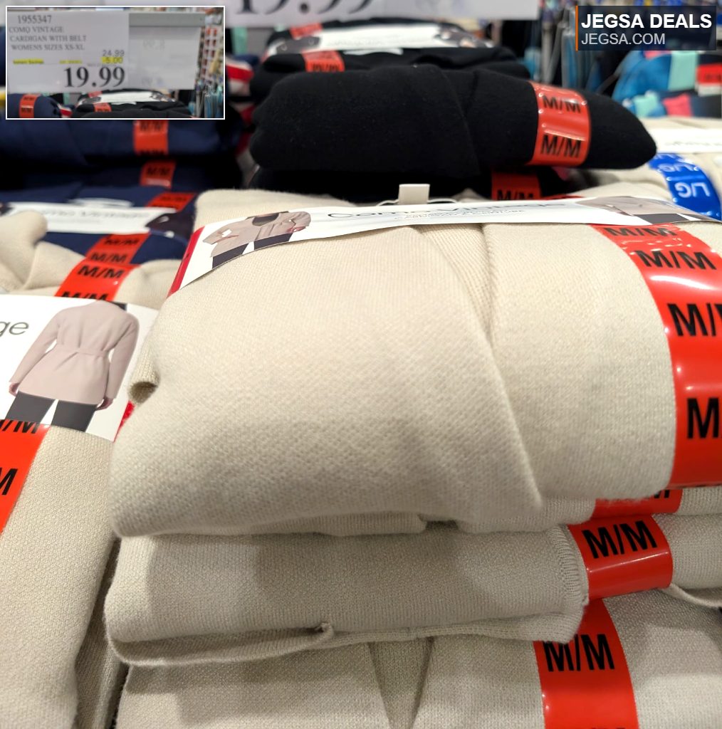 Beige Como Vintage women's cardigan with belt from Costco, available in sizes XS-XL for $19.99.