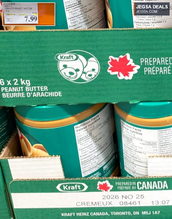 Kraft Smooth Peanut Butter 2 kg tub, prepared in Canada, available at Costco for $7.99.