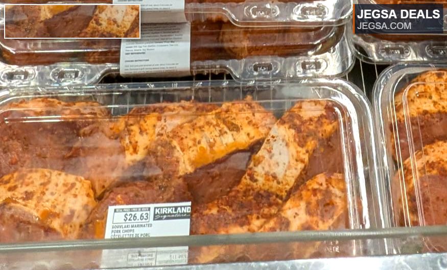 Kirkland Souvlaki Seasoned Pork Chops from Costco, pre-marinated and ready to cook, priced around $26.63 with an in-store rebate.