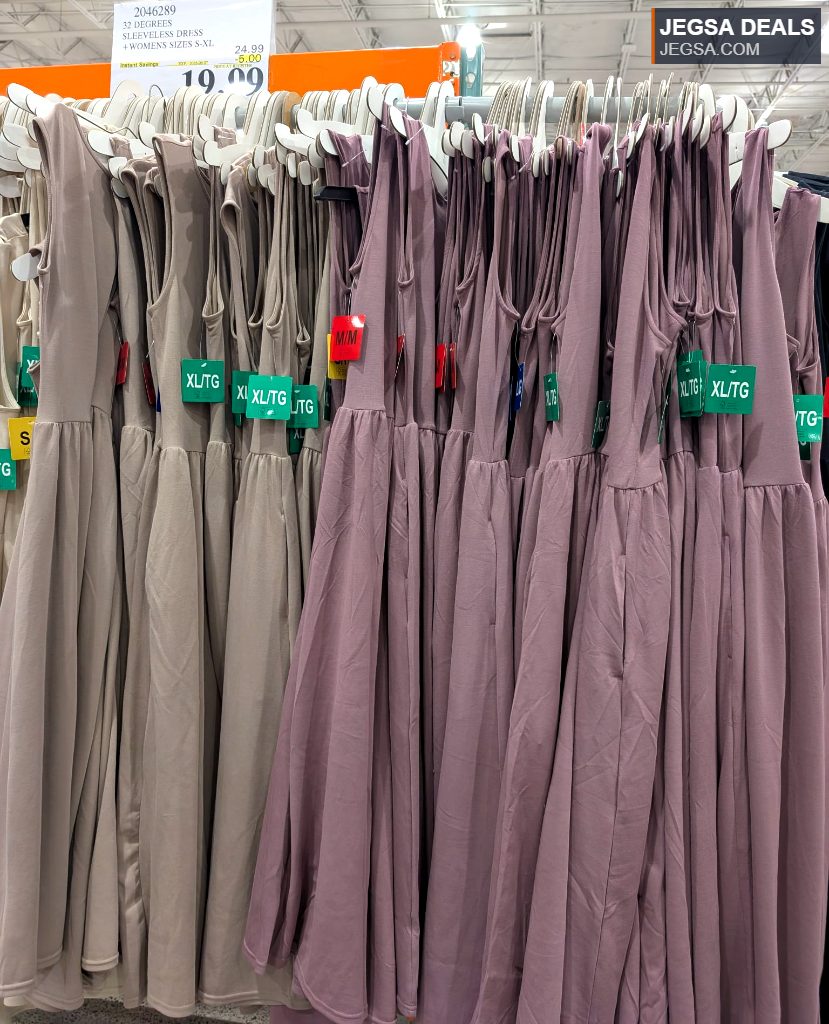 Soft 32 Degrees sleeveless dresses in neutral beige and dusty purple from Costco, ideal for everyday comfort.