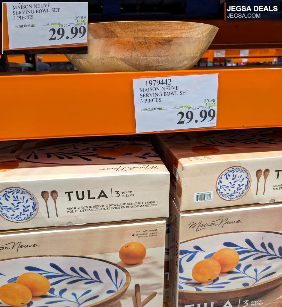 Maison Neuve Tula 3-piece mango wood serving bowl set with blue leaf enamel interior and wooden serving utensils from Costco, $29.99.