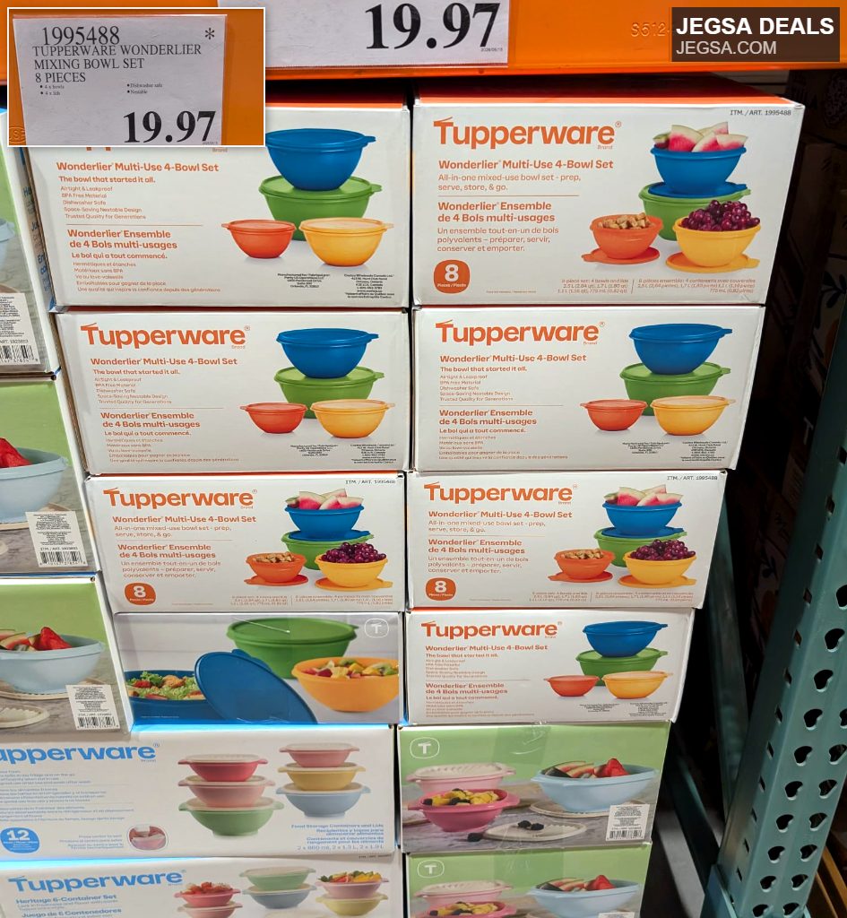 Tupperware Wonderlier 8-piece mixing bowl set with colorful bowls and lids, ideal for food prep and storage from Costco for $19.97.