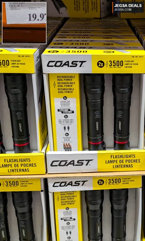 COAST Flashlight Pack of 2, 3500 Lumens, rechargeable dual-power, includes batteries and USB-C cables from Costco for $19.97.