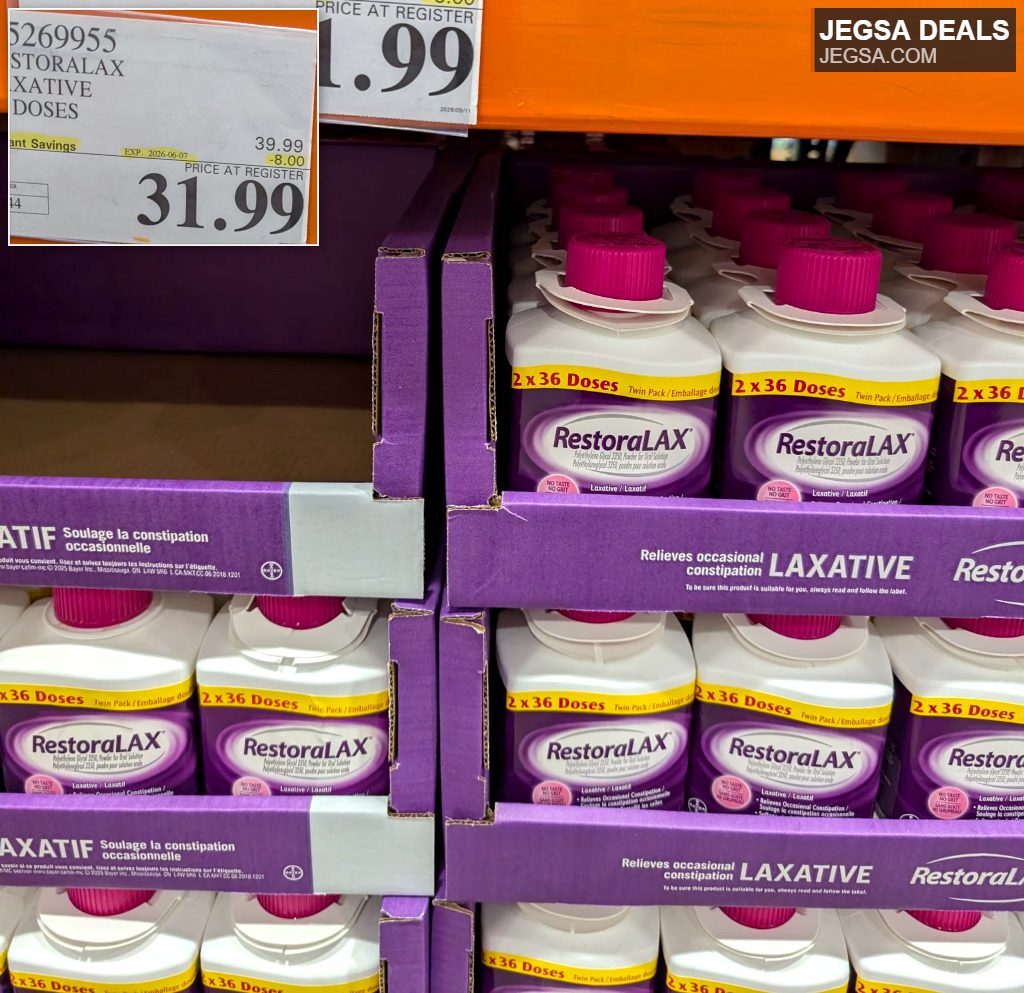RestoraLAX laxative powder, twin pack (2x36 doses) for occasional constipation relief, seen at Costco for $31.99.